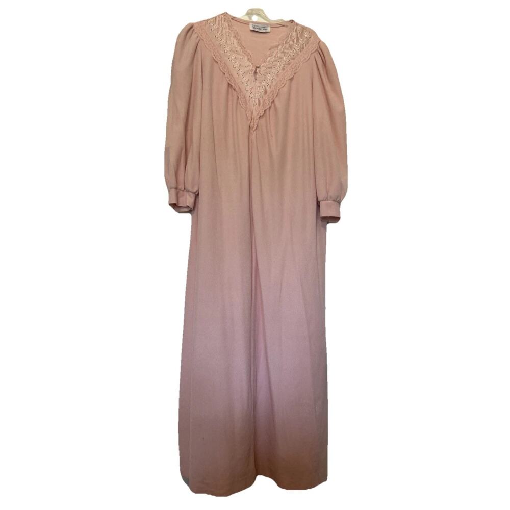 Vtg Vanity Fair Pink Housecoat Sz Large Embroidered Lace Zip Up Lounger Robe
